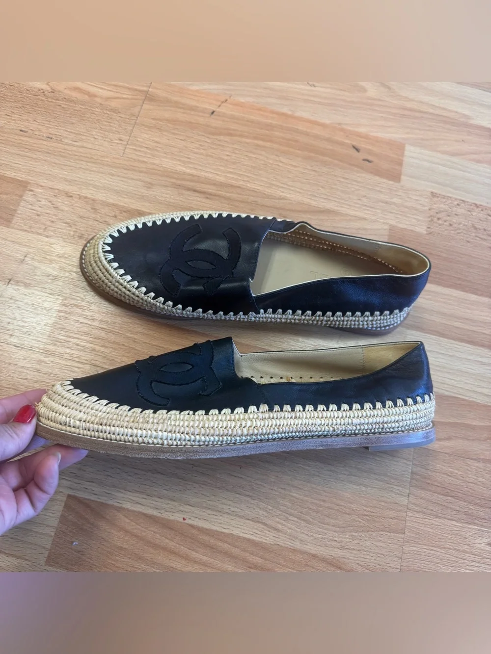 Chanel black lamb leather espadrilles interlocking logo loafers size 41/10-10.5